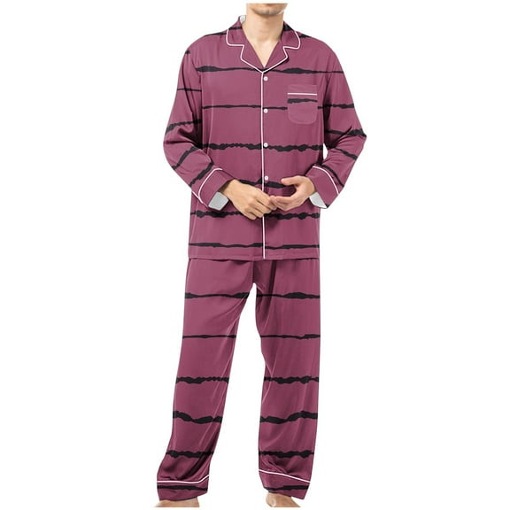Miqool Mens Striped Pajama Sets Two Piece Long Sleeve Button Down Pj Sets Soft Sleepwear 2 Piece Lounge Set Nightwear with Pockets