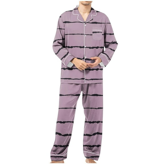 Deals of The Day Clearance Miqool Mens Striped Pajama Sets Two Piece Long Sleeve Button Down Pj Sets Soft Sleepwear 2 Piece Lounge Set Nightwear with Pockets