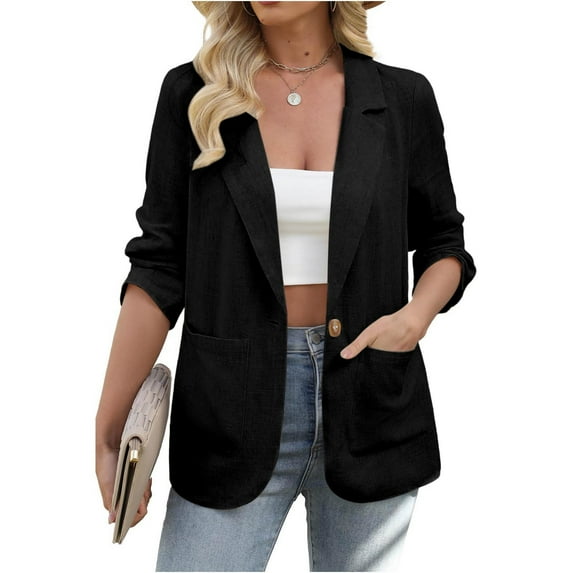 Miqool Womens Business Casual Blazers Lapel One Button Open Front Long Sleeve Lightweight Cardigan Work Office Suit Jackets Blazers with Pockets