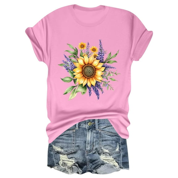 NAMTYQX Blouses for Women Dressy Casual Patterned Casual Breathable Lightweight Short Sleeve Oversized Scoop Neck Patterned Loose Womens Summer Shirts Pink Size XL