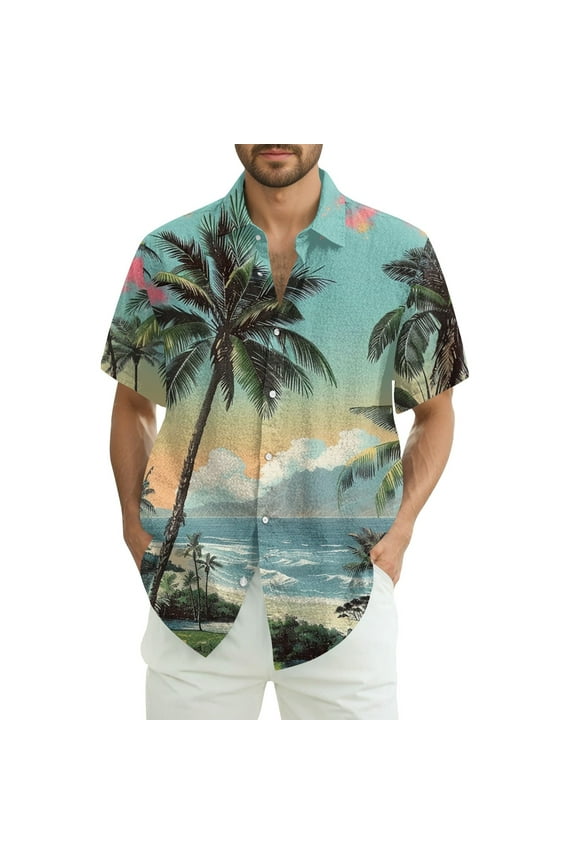 Button Down Shirt Men Loose Softest Tropical Print Light Lapel Casual Plus Size Short Sleeve Button Down T Shirts for Man Light Blue Size XL