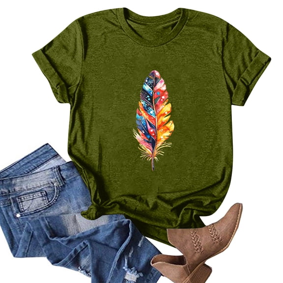 NAMTYQX Graphic Tees for Women Trendy Light Crew-Neck Hip Graphic Gemustertes Loose Fit Short Sleeve Plus Size Cool Oversized Graphic Tees for Women Army Green Size L