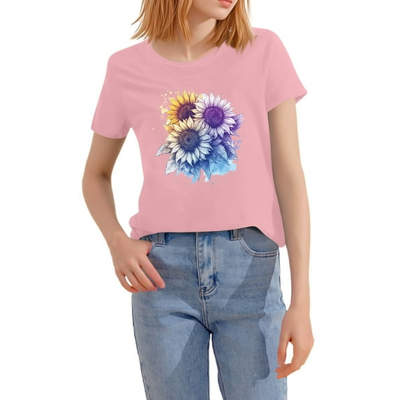 NAMTYQX Hawaiian Shirts for Women Crew Neck Graphic Cool Oversized Short Sleeve Relaxed Fit Light Fullprint Casual Women's Blouses Pink Size S