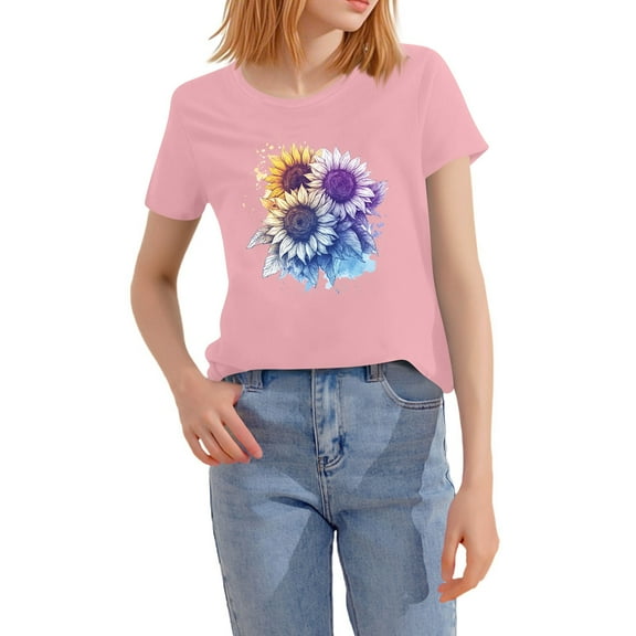 NAMTYQX Hawaiian Shirts for Women Crew Neck Graphic Cool Oversized Short Sleeve Relaxed Fit Light Fullprint Casual Women's Blouses Pink Size S