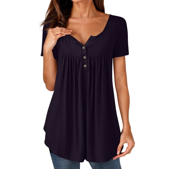 NAMTYQX Short Sleeve Shirts for Women Casual Button V Neck Frill Plus Size Patterns Fashion Short Sleeve Boxy Fit Black Size M