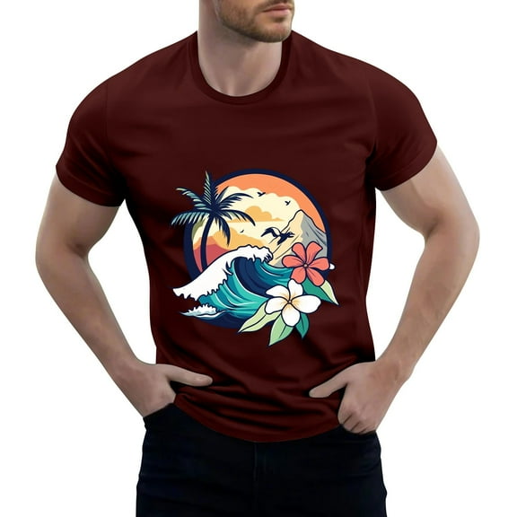 NAMTYQX Summer Shirts for Men Short Sleeve Lounges Plus Size Casual Graphic Cozy Relaxed Fit Crewneck Cool Lightweight Summer Tops Wine Size 2XL