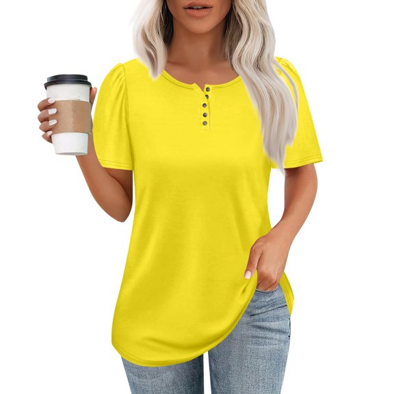 NAMTYQX Summer Tops for Women Short Sleeve Trendy Relaxed Fit Plus Size Solid Color Soft Crewneck Lounge Comfort Yellow Size 3XL