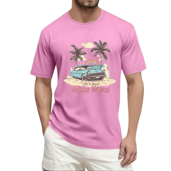 NAMTYQX True Classic Tees Pattern Short Sleeve Casual Lounges Soft Baggy Crewneck Comfortable Plus Size Lightweight Mens Shirts Pink Size 5XL