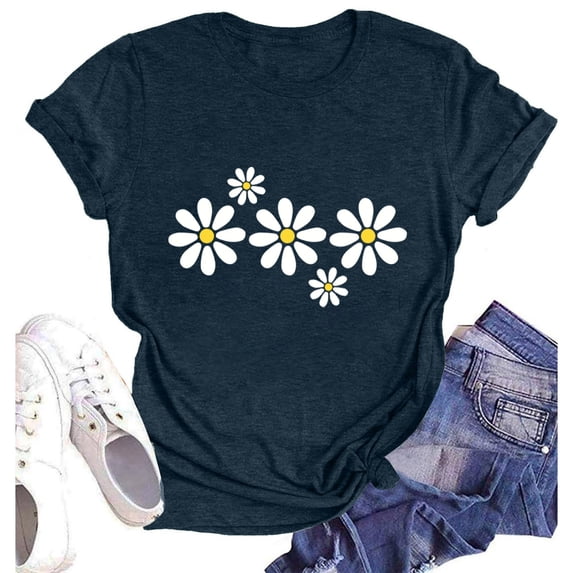 NAMTYQX Womens Graphic T Shirts Gemustert Baggy O-Neck Patterned Trendy Short Sleeve Soft Light Plus Size Short Sleeve Shirts for Women Navy Size M