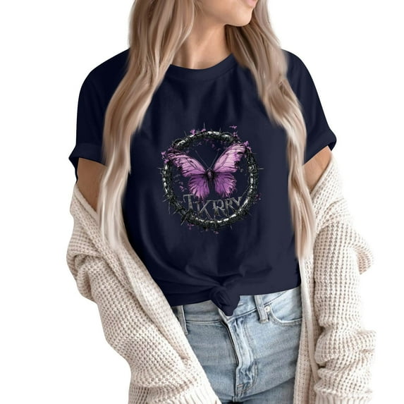 NAMTYQX Womens Graphic T Shirts Graphic Relaxed Fit Oversized Short Sleeve Soft Stretchy Crew Neck Trendy Print Women's Summer Tops Navy Size L