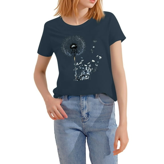 NAMTYQX Womens Graphic Tees Breathable Hawaii Stretch Short Sleeve Patterns Round Neck Bedruckt Loose Plus Size Womens Summer Tops Navy Size L