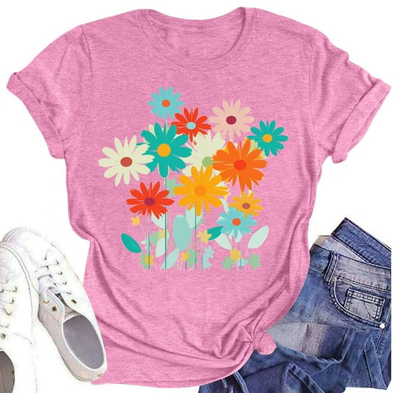 NAMTYQX Womens Spring Tops Plus Size Graphic Short Sleeve Cute Crewneck Loose Fitting Stretch Gemustertes Breathable Ladies Tops and Blouses Pink Size 2XL