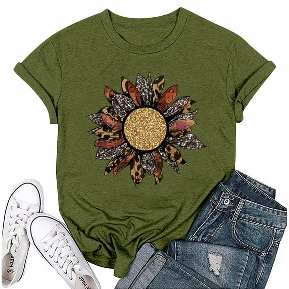 NAMTYQX Womens Summer Shirts Stylish Light Print Comfy Round Neck Print Cool Short Sleeve Oversized Cute Shirts for Women Gold Size M