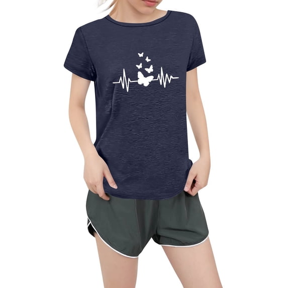 NAMTYQX Womens T Shirts Crew Neck Short Sleeve Lightweight Casual Soft Print Graphic Loose Fit Plus Size Tops for Women Trendy Navy Size 5XL