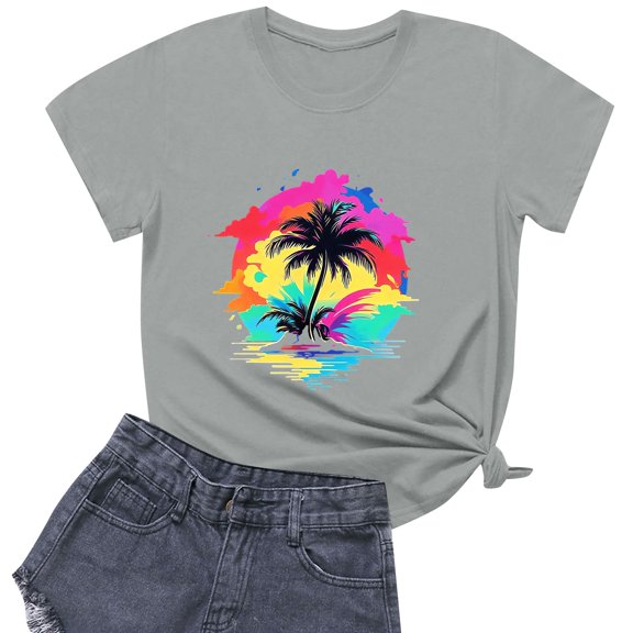 NAMTYQX Womens T Shirts Loose Fit Print Fashion Crewneck Soft Print Stretch Plus Size Short Sleeve Loose Fit Womens Graphic Tees Gray Size M