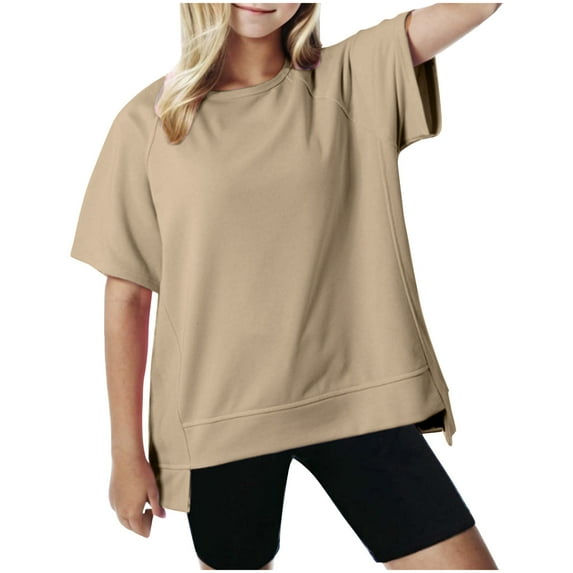 Deals of the Day Clearance Prime Girls' Fashion Shirts Casual Round Neck Blouse Irregular Hem Shirt Solid Color T Shirts Short Sleeve Tops for Girls 10-12