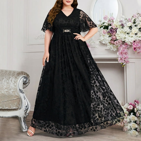 of The Day Wedding Guest Dresses for Women Plus Size Summer Short Sleeve V Neck Maxi Dresses Flowy Dressy Casual Elegant Lace Sundress Vacation Outfits Sales Today