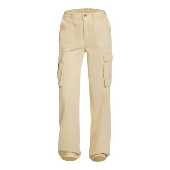 Clothing 2025 Women's Casual Pants Adjustable Straight Fit Cargo Pants High Waist Baggy Hiking Pants with Pocket Wide Leg Parachute Pants Women's Polyester Casual Pants