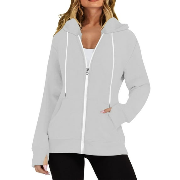 Deals Of The Day Clearance Zip up Hoodie Women Women's Fall/winter Solid Color Long Sleeve Pocket Drawstring Hoodie Zipper Thumb Hole Hoodie Womens Oversized Hoodies