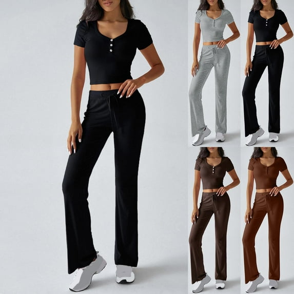 kttectoa Crop Top Button Slim Fit Outfits Vacation Outfits for Women Solid Crewneck Short Sleeve Drawstring Pants Outfits for Ladies Birthday Party