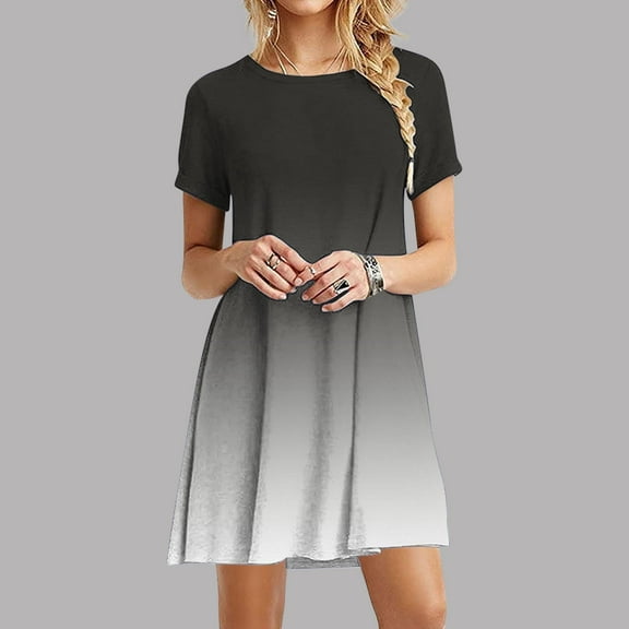 kttectoa Round Neck Short Sleeve Dress for Lady Trendy A-Line Casual Pleated Short Dress Gradient Print Dresses Wedding Guest Dresses for Women Stylish Dress for Holiday