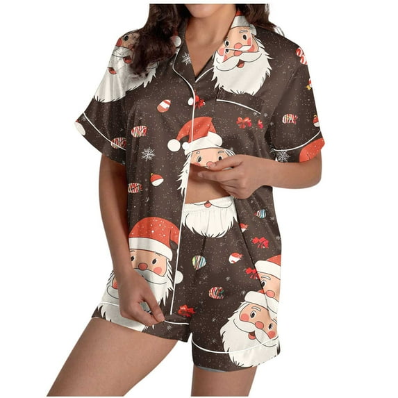 purcolt Women's Christmas Pajama Sets Snowflake Santa Print Short Sleeve Button Down Shirt and Shorts 2 Piece Pjs Soft Sleepwear Nightwear S-XXL