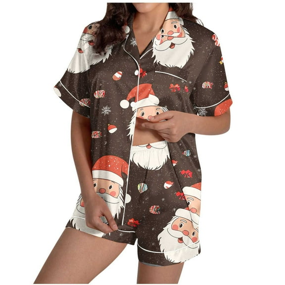 purcolt Women's Christmas Pajama Sets Snowflake Santa Print Short Sleeve Button Down Shirt and Shorts 2 Piece Pjs Soft Sleepwear Nightwear S-XXL