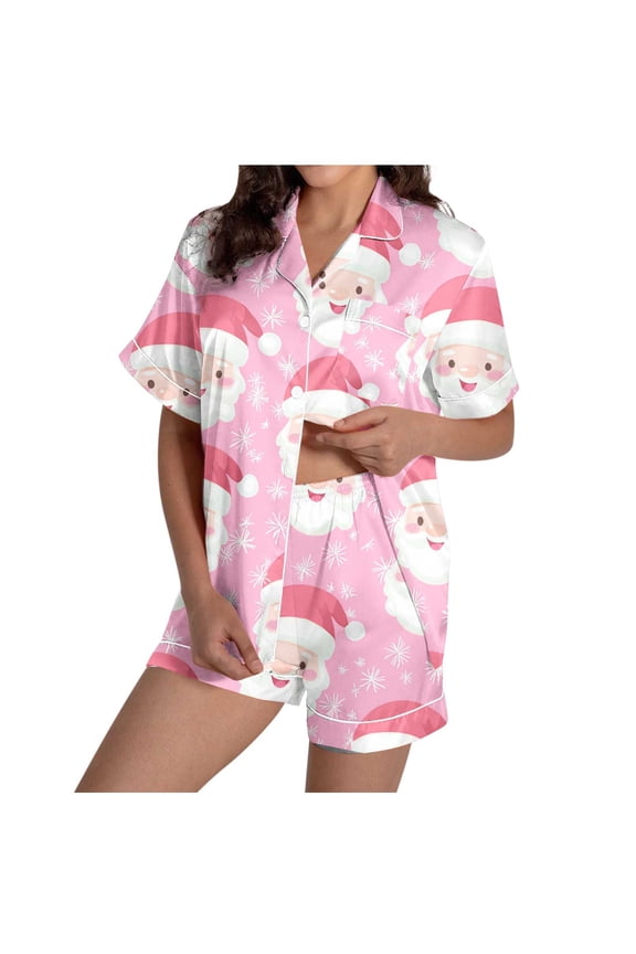 Women's Christmas Pajama Sets Snowflake Santa Print Short Sleeve Button Down Shirt and Shorts 2 Piece Pjs Soft Sleepwear Nightwear S-XXL