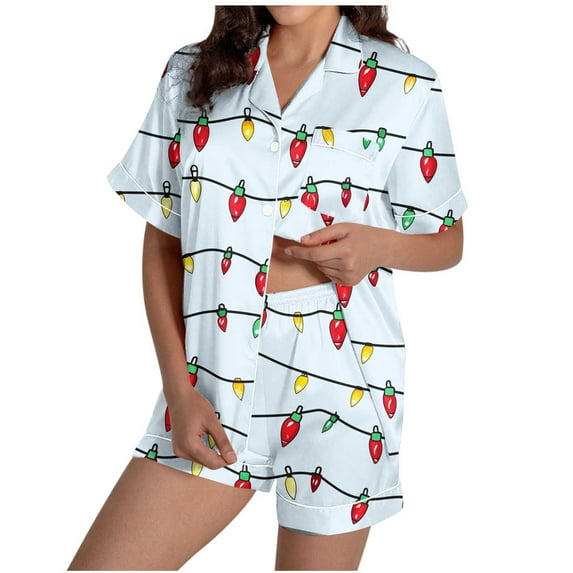 purcolt Women's Christmas Pajama Sets Snowflake Santa Print Short Sleeve Button Down Shirt and Shorts 2 Piece Pjs Soft Sleepwear Nightwear S-XXL