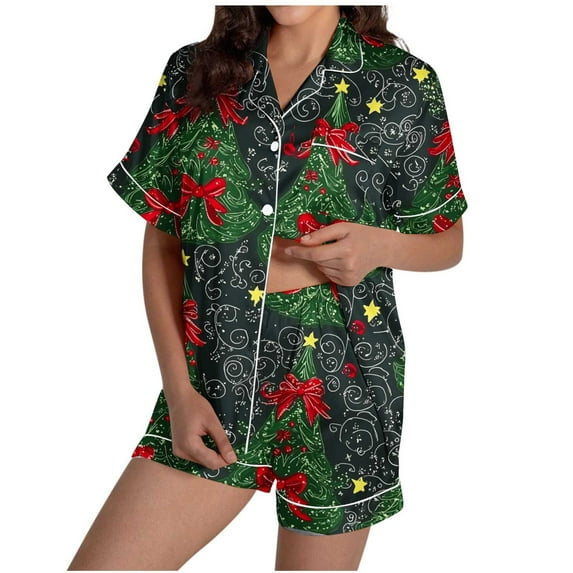 purcolt Women's Christmas Pajama Sets Snowflake Santa Print Short Sleeve Button Down Shirt and Shorts 2 Piece Pjs Soft Sleepwear Nightwear S-XXL