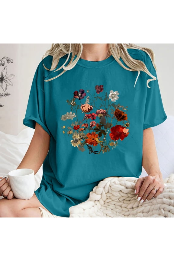 Womens Summer Tops Shirts,Women's Fashion Summer Round Neck Drop Sleeves Leisure Short Sleeve Flower Printing Tops Blue XXL