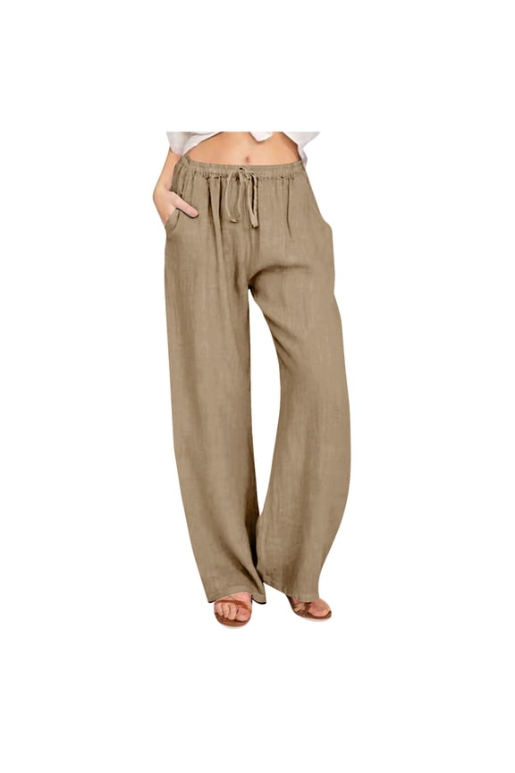 Women's Linen Palazzo Pants, High Waisted Summer Casual Drawstring Wide Leg Flowy Beach Pants with Pockets (Available in Plus Size)