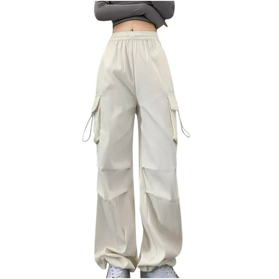 Drawstring Elastic Mid Rise Cargo Pants Side Pocket Straight Leg Solid Color Workout Trendy Trouser Women 2025 Y2k Outfit