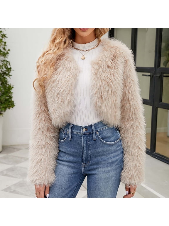 Cropped Jacket for Women's Faux Fur with Pockets Long Sleeve Open Front Wedding Bolero Gowns Coat Fall Winter