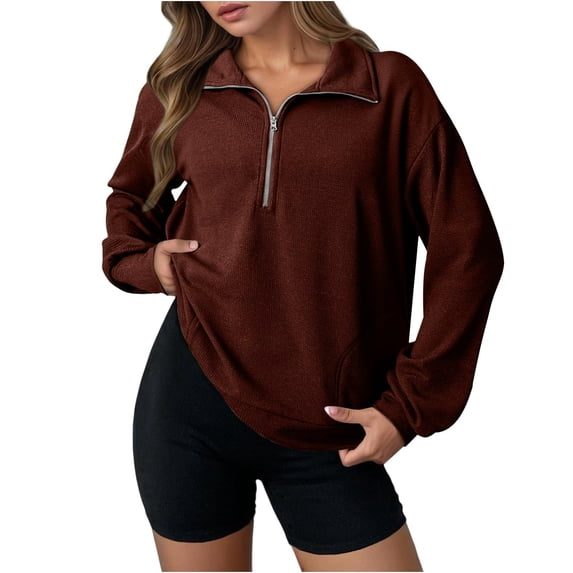 Up to EGNMCR Women's Casual Half Zip Quilted Sweatshirts Long Sleeve Lapel Zipper Sweatshirt Loose Pullover Tops with Pockets Fall Winter