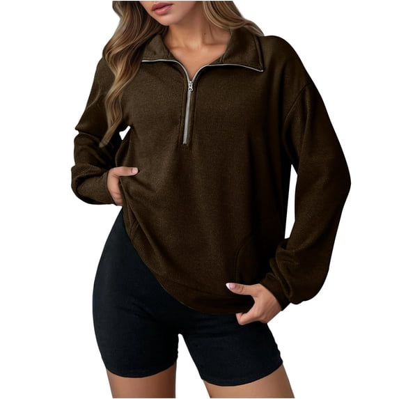 Up to EGNMCR Women's Half Zip Quilted Sweatshirts Crew Neck Long Sleeve Pullover Tops Textured Solid Casual Fashion Fall Tops with Pockets Fall Winter