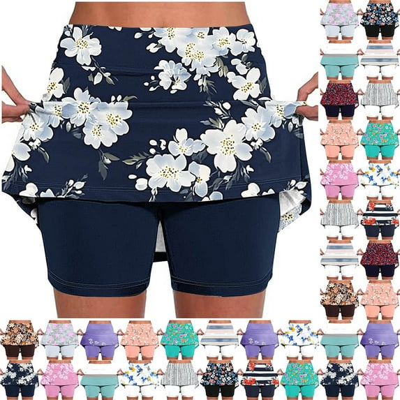 Summer Fatuov High-Waisted Workout Shorts for Women with Pocket Plus Size Color Block Yoga Shorts with Lined Summer Fashion Running Skorts Purple, Size 3XL