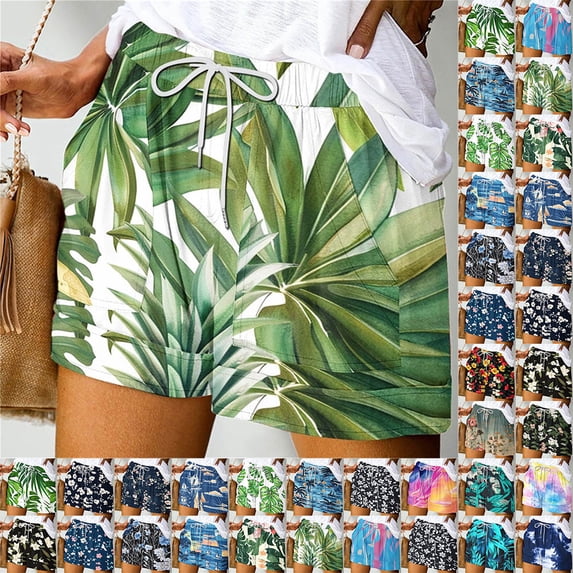 Summer Fatuov Shorts for Women with Pocket Hawaiian Print Summer Shorts Drawstring Casual Shorts Multicolor, Size L