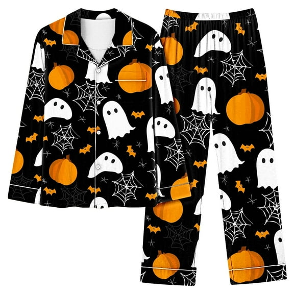 Halloween Pajamas for Women 2 Piece Pant Sets Pumpkin Print Long Sleeve Button Up Shirt with Bottoms Pjs Outfits (XL, Black 05)