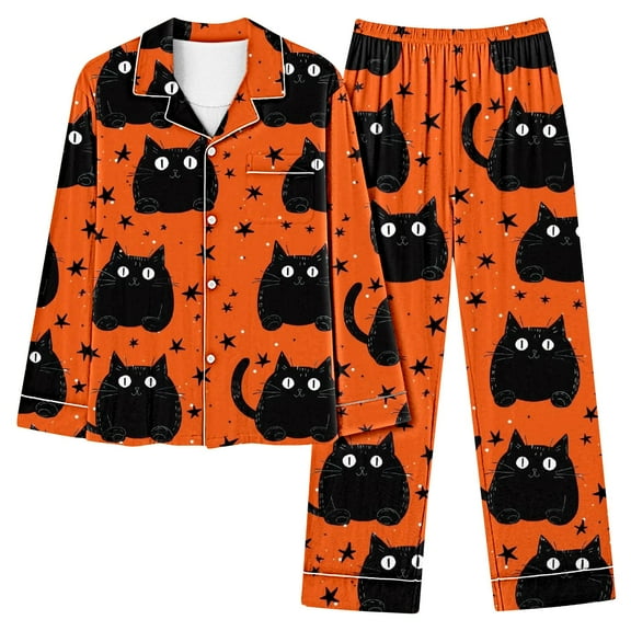 Halloween Pajamas for Women 2 Piece Pant Sets Pumpkin Print Long Sleeve Button Up Shirt with Bottoms Pjs Outfits (XL, Orange 01)