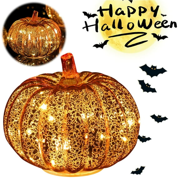 Halloween Stained Glass Pumpkin Lamp with Timer, Cute Fall Lamps Decoration for Home, Sparkling Pumpkin Night Light (Gold Pumpkin)