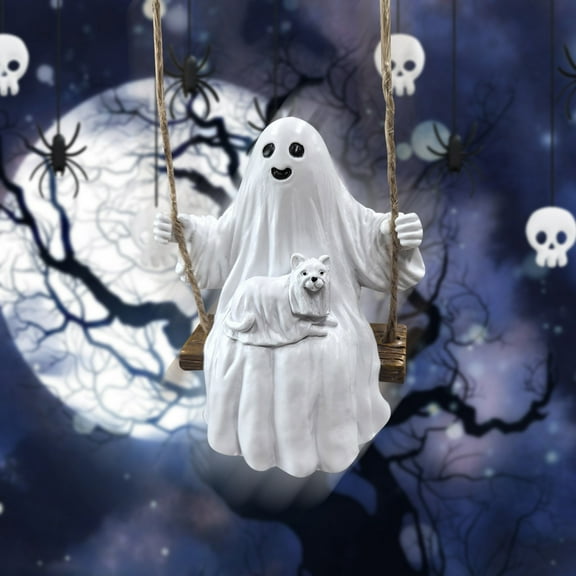 Halloween Swing Ghost with Dog,Cute Swing Ghost Statue Outdoor Halloween Decor,Resin Swing White Ghost Statue, Resin Ghost Figurine,Funny Tree Hanging Ornaments
