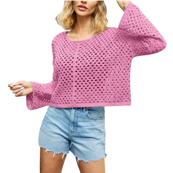 Hollow Out Short Sweater Women's Round Neck Long Sleeve Cropped Pullover Tops Solid Color Smock 2026 Spring Fall Trendy