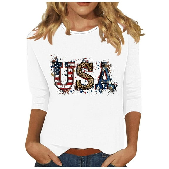 Independence Day T-Shirt for Womens Plus Size Tee Shirts USA Graphic Tunic Tops American Flag Printed T Shirts Crew Neck Tee Short Sleeve Tops Causal Retro Tunic Blouses Going Out Holiday