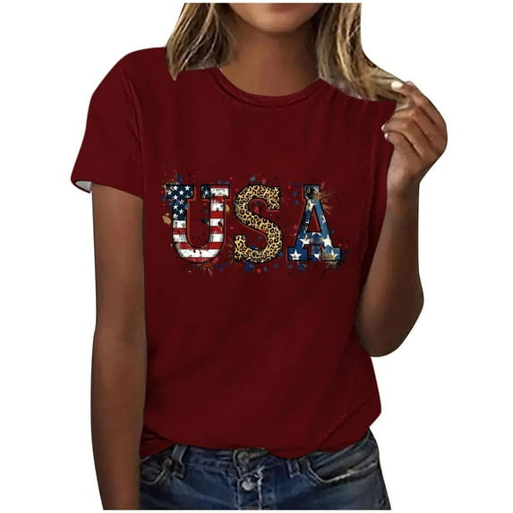 Independence Day T Shirts for Women Sun-Flower Printed T-Shirts American Flag Graphic Tops Shirts Round Neck Short Sleeve Tee Blouses Comfort Casual Tunic Blouse Beach Vacation Party Clothes
