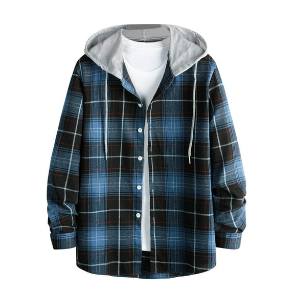 Deals LYXSSBYX Long Sleeve Shirts for Men Men Casual Patchwork Fashion Plaid Hooded Button Long Sleeve Shirt Blouse
