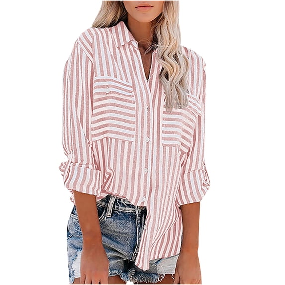 LYXSSBYX Long Sleeves Womens Tops Women's Tops Striped Printed Single Breasted Long Sleeve Shirt Cotton Linen Tops