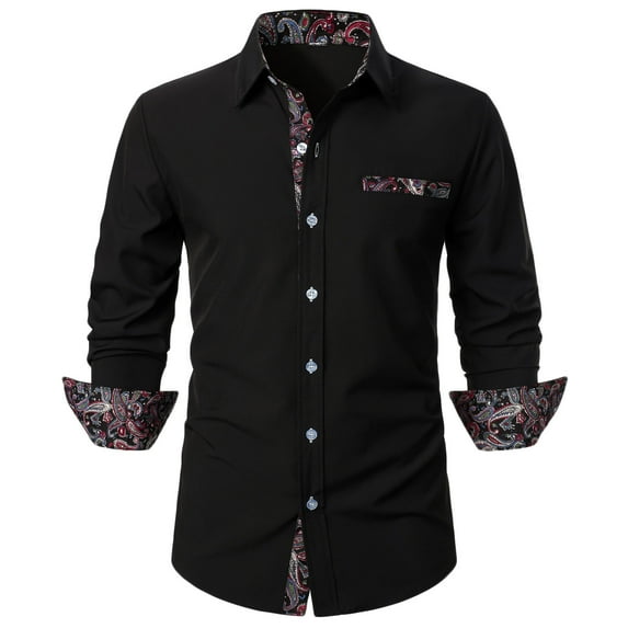 Deals LYXSSBYX Mens Dress Shirts Long Sleeve Men Casual Fashion Patchwork Print Turn-down Collar Button Long Sleeve Shirt Blouse