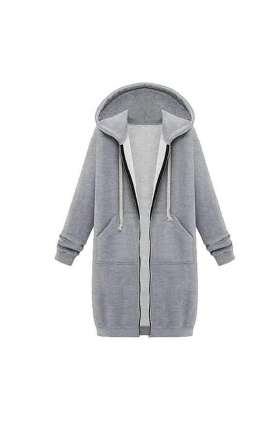 Womens Coats and Jackets Women's Solid Color Jacket Plus Fleece Insert Pocket Hooded Zipper Mid Length Sweater