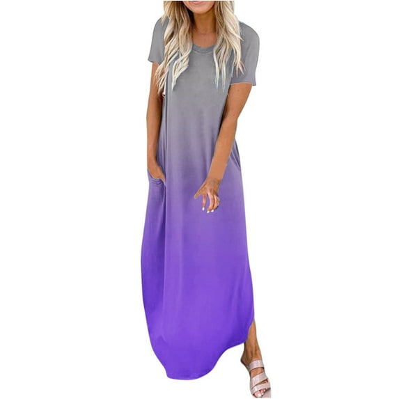 Deals LYXSSBYX Womens Dresses Short Sleeve Clearance Women's Dresses Summer Casual Rounk Neck Short Sleeve Pockets Printing Long Dress